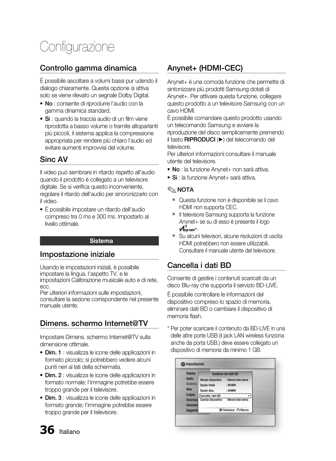 Samsung HT-C5500/XEF manual Controllo gamma dinamica, Sinc AV, Impostazione iniziale, Dimens. schermo Internet@TV 