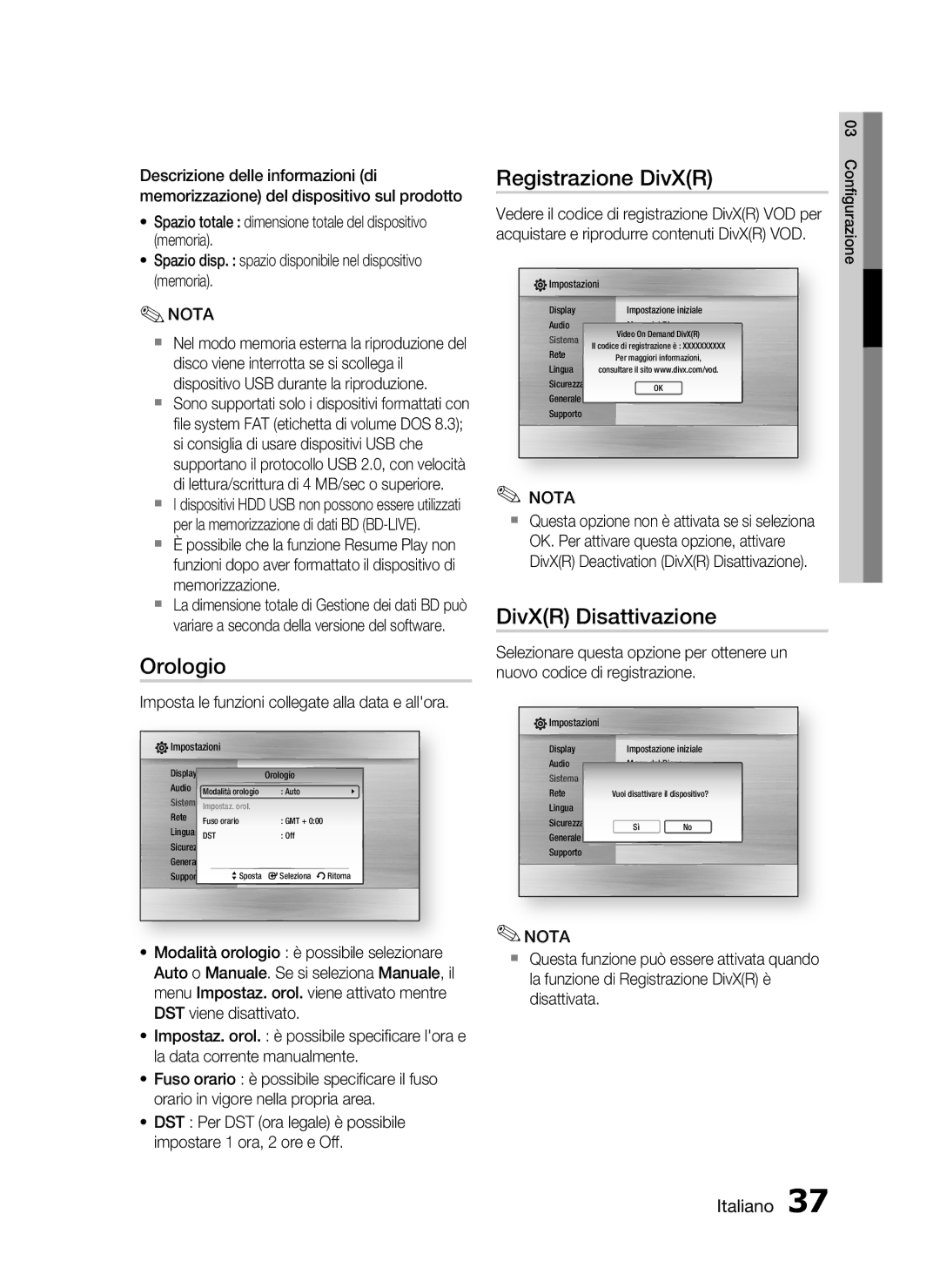 Samsung HT-C5500/XEF Orologio, Registrazione DivXR, DivXR Disattivazione, Imposta le funzioni collegate alla data e allora 