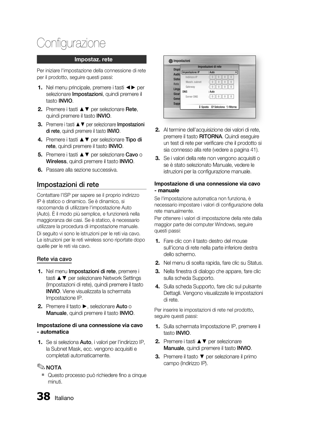 Samsung HT-C5500/XEF manual Impostazioni di rete, Impostaz. rete, Rete via cavo 