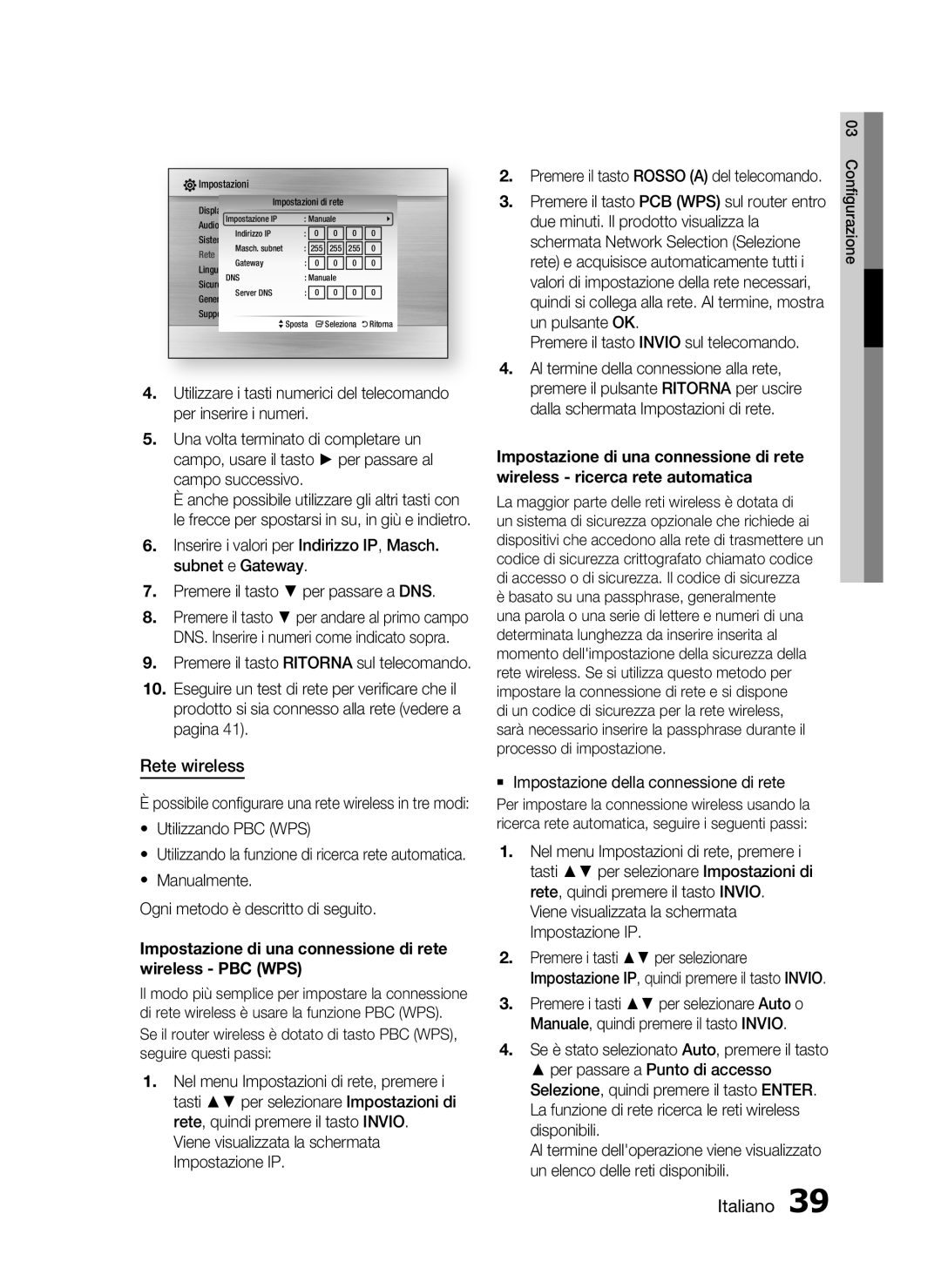 Samsung HT-C5500/XEF manual Rete wireless, Utilizzando PBC WPS, Manualmente Ogni metodo è descritto di seguito 