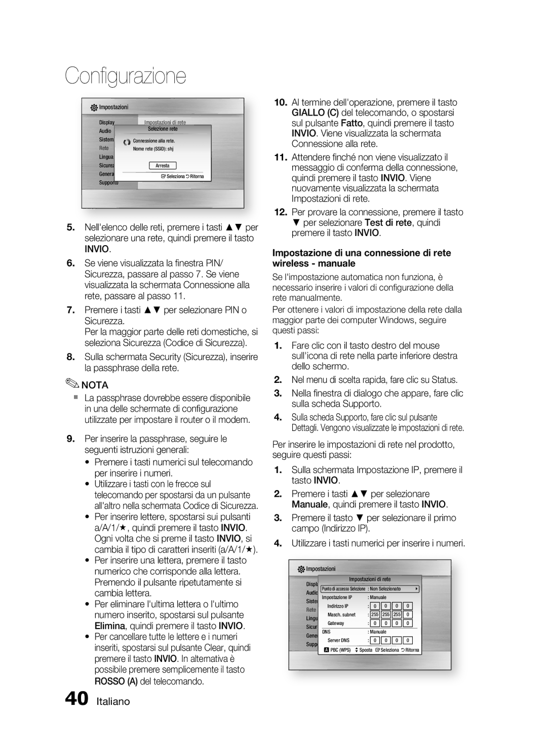 Samsung HT-C5500/XEF manual Premere i tasti per selezionare PIN o Sicurezza, Impostazioni di rete 