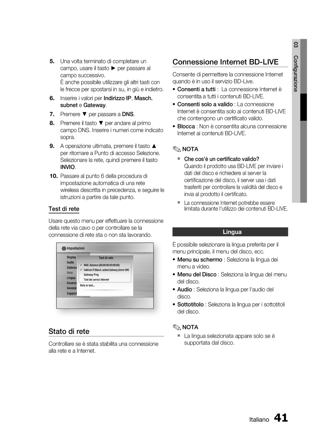 Samsung HT-C5500/XEF manual Connessione Internet BD-LIVE, Stato di rete, Test di rete, Lingua 