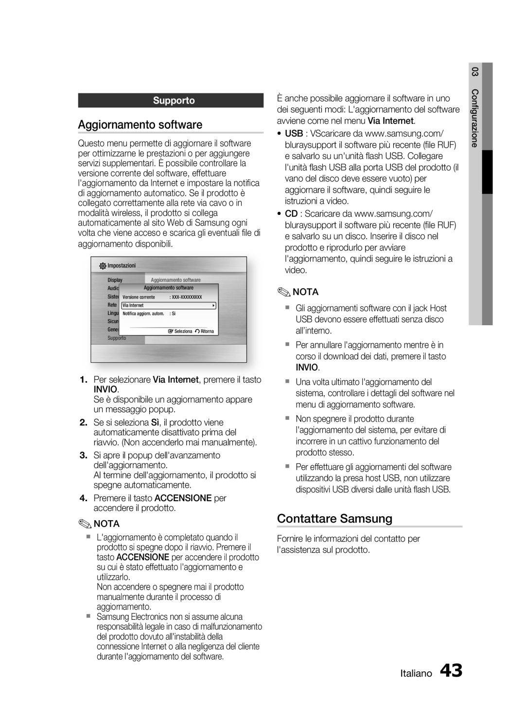 Samsung HT-C5500/XEF manual Aggiornamento software, Contattare Samsung, Supporto 