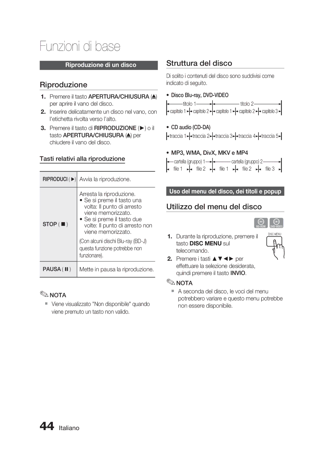 Samsung HT-C5500/XEF manual Funzioni di base, Riproduzione, Struttura del disco, Utilizzo del menu del disco 