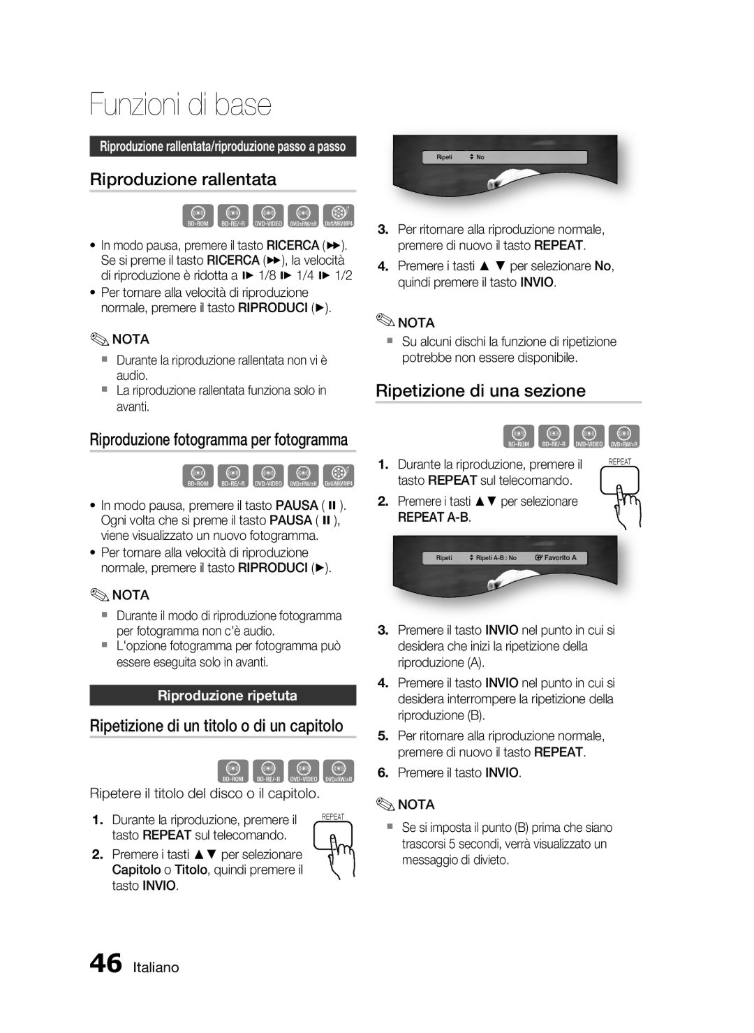 Samsung HT-C5500/XEF manual Riproduzione rallentata, Ripetizione di una sezione, Riproduzione fotogramma per fotogramma 