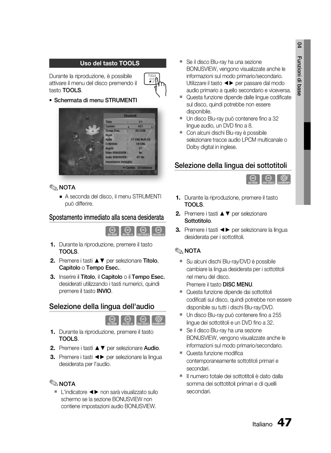 Samsung HT-C5500/XEF manual Selezione della lingua dellaudio, Selezione della lingua dei sottotitoli, Uso del tasto Tools 