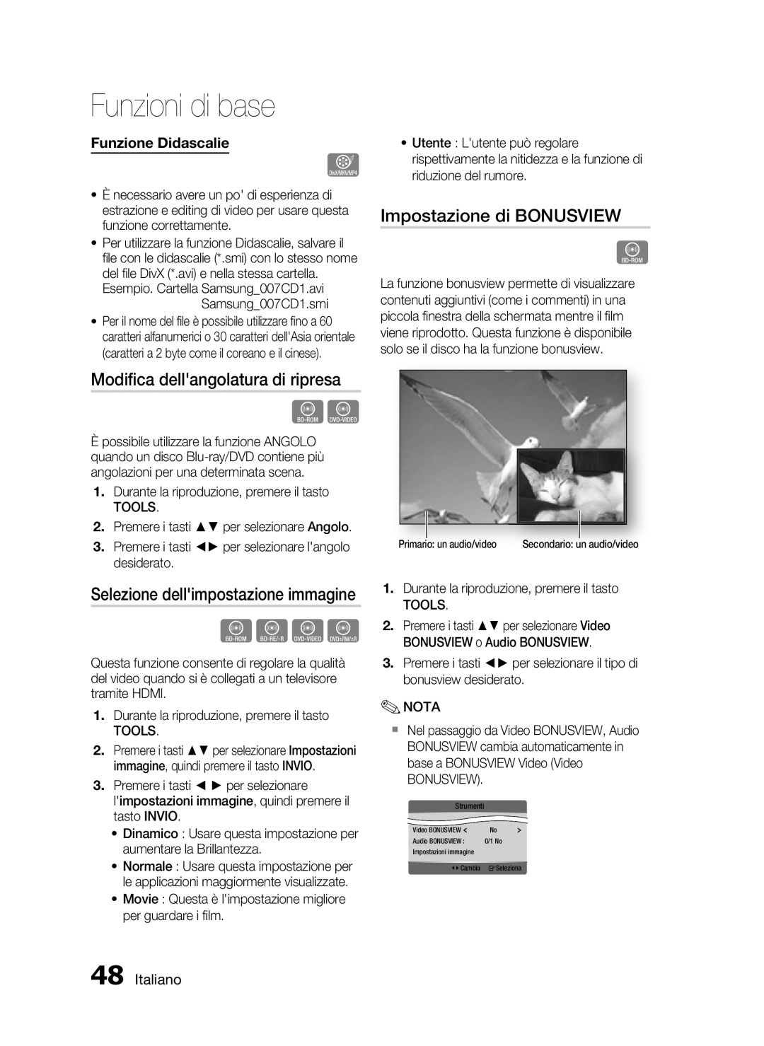 Samsung HT-C5500/XEF manual Impostazione di Bonusview, Modiﬁca dellangolatura di ripresa 