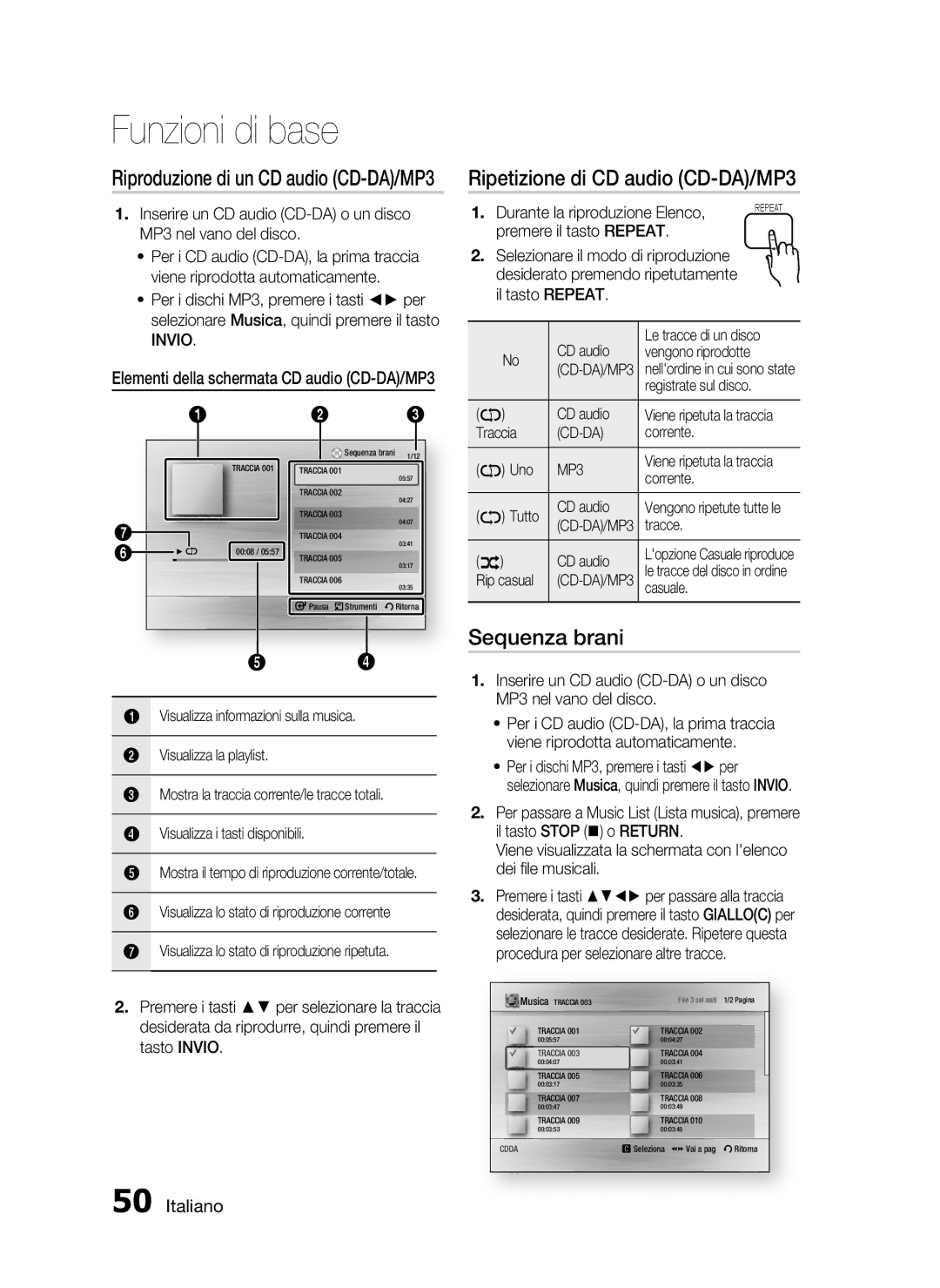 Samsung HT-C5500/XEF manual Ripetizione di CD audio CD-DA/MP3, Sequenza brani, Riproduzione di un CD audio CD-DA/MP3 