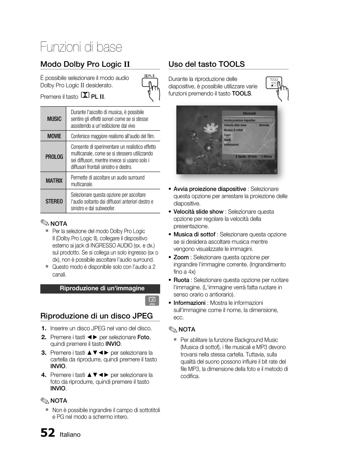 Samsung HT-C5500/XEF Modo Dolby Pro Logic, Riproduzione di un disco Jpeg, Uso del tasto Tools, Riproduzione di unimmagine 