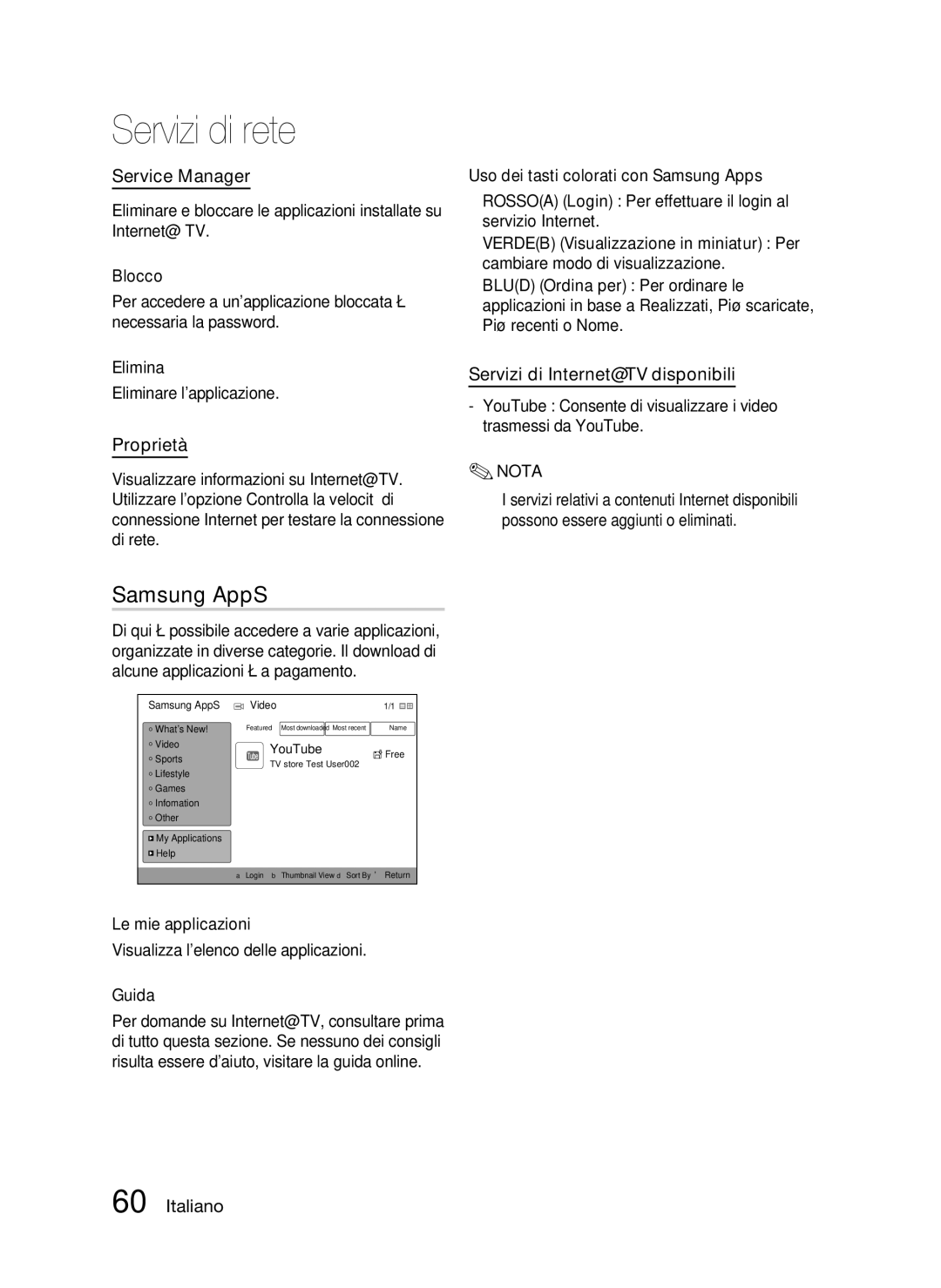 Samsung HT-C5500/XEF manual Samsung AppS, Service Manager, Proprietà, Servizi di Internet@TV disponibili 