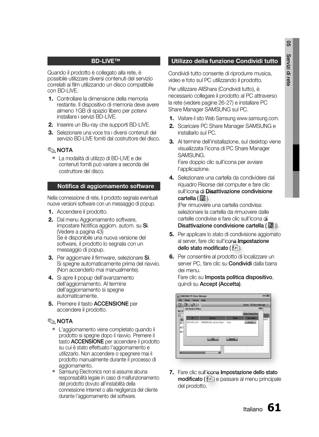 Samsung HT-C5500/XEF manual Notiﬁca di aggiornamento software, Utilizzo della funzione Condividi tutto, Samsung 