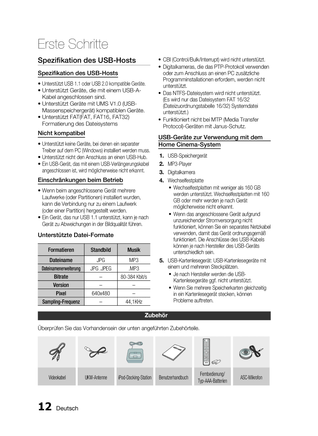 Samsung HT-C5500/EDC, HT-C5500/XEN, HT-C5550/EDC, HT-C5550/XEF, HT-C5500/XEF manual Speziﬁkation des USB-Hosts, Zubehör 