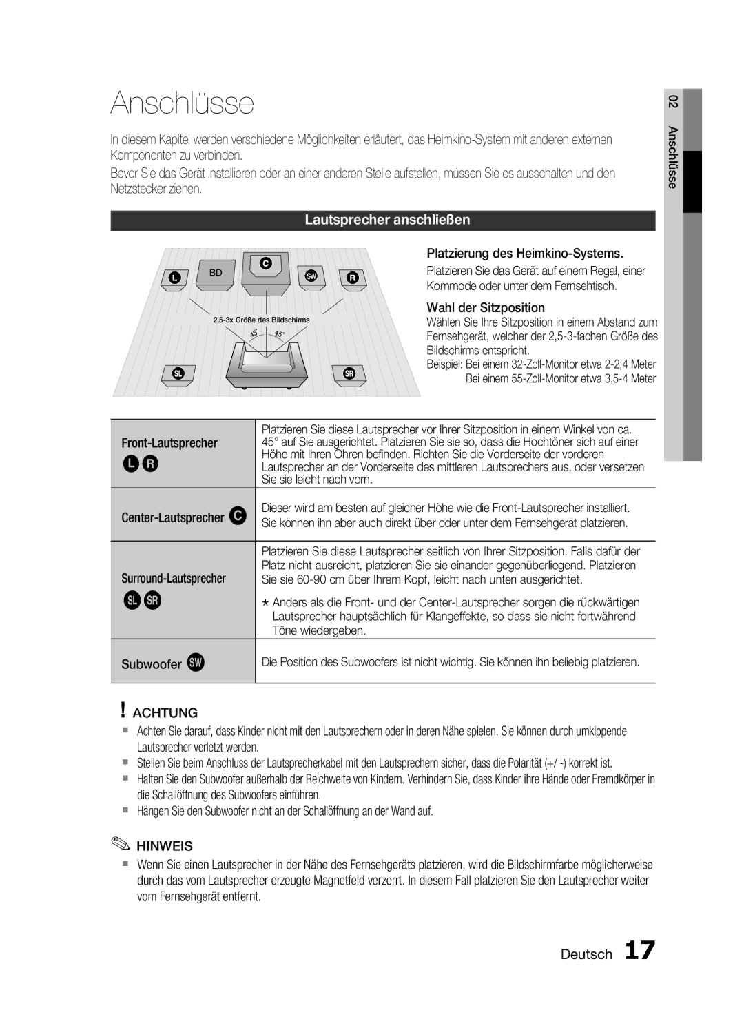 Samsung HT-C5500/EDC, HT-C5500/XEN, HT-C5550/EDC, HT-C5550/XEF, HT-C5500/XEF manual Anschlüsse, Lautsprecher anschließen 