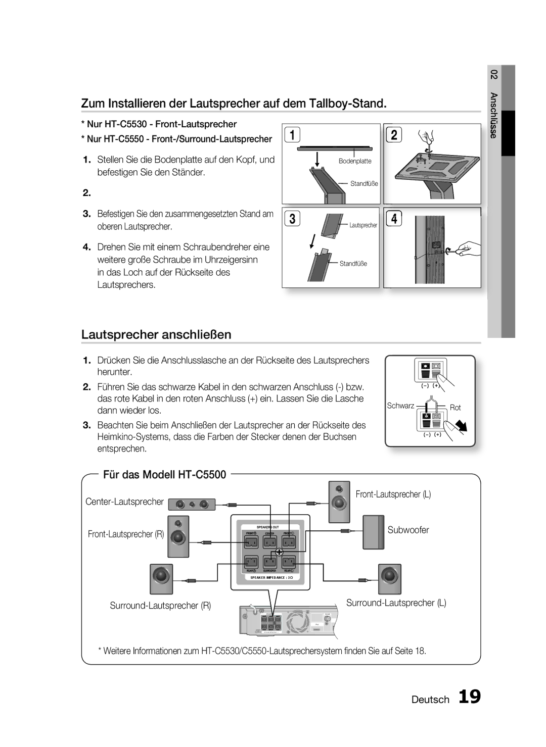 Samsung HT-C5500/XEF manual Zum Installieren der Lautsprecher auf dem Tallboy-Stand, Lautsprecher anschließen, Schwarz 