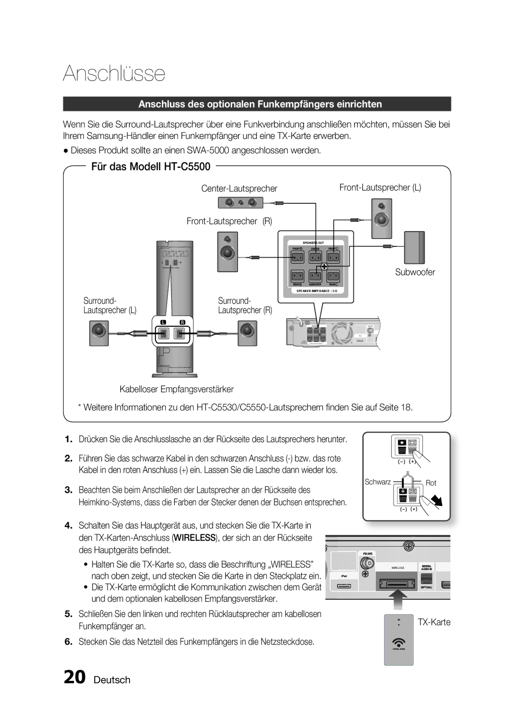 Samsung HT-C5500/XEN Anschluss des optionalen Funkempfängers einrichten, Center-Lautsprecher, Surround Lautsprecher L 