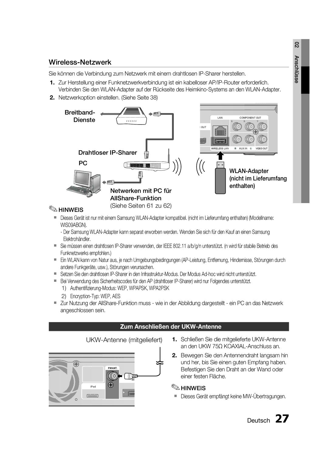 Samsung HT-C5500/EDC, HT-C5500/XEN, HT-C5550/EDC, HT-C5550/XEF, HT-C5500/XEF manual Zum Anschließen der UKW-Antenne 