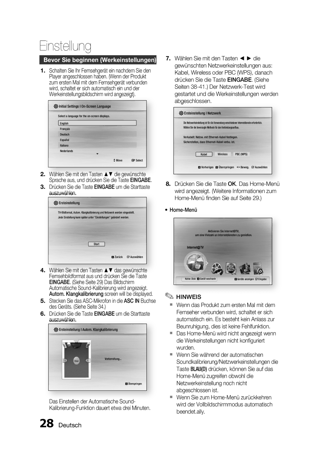 Samsung HT-C5550/XEF, HT-C5500/XEN, HT-C5550/EDC, HT-C5500/EDC Einstellung, Bevor Sie beginnen Werkeinstellungen, Home-Menü 