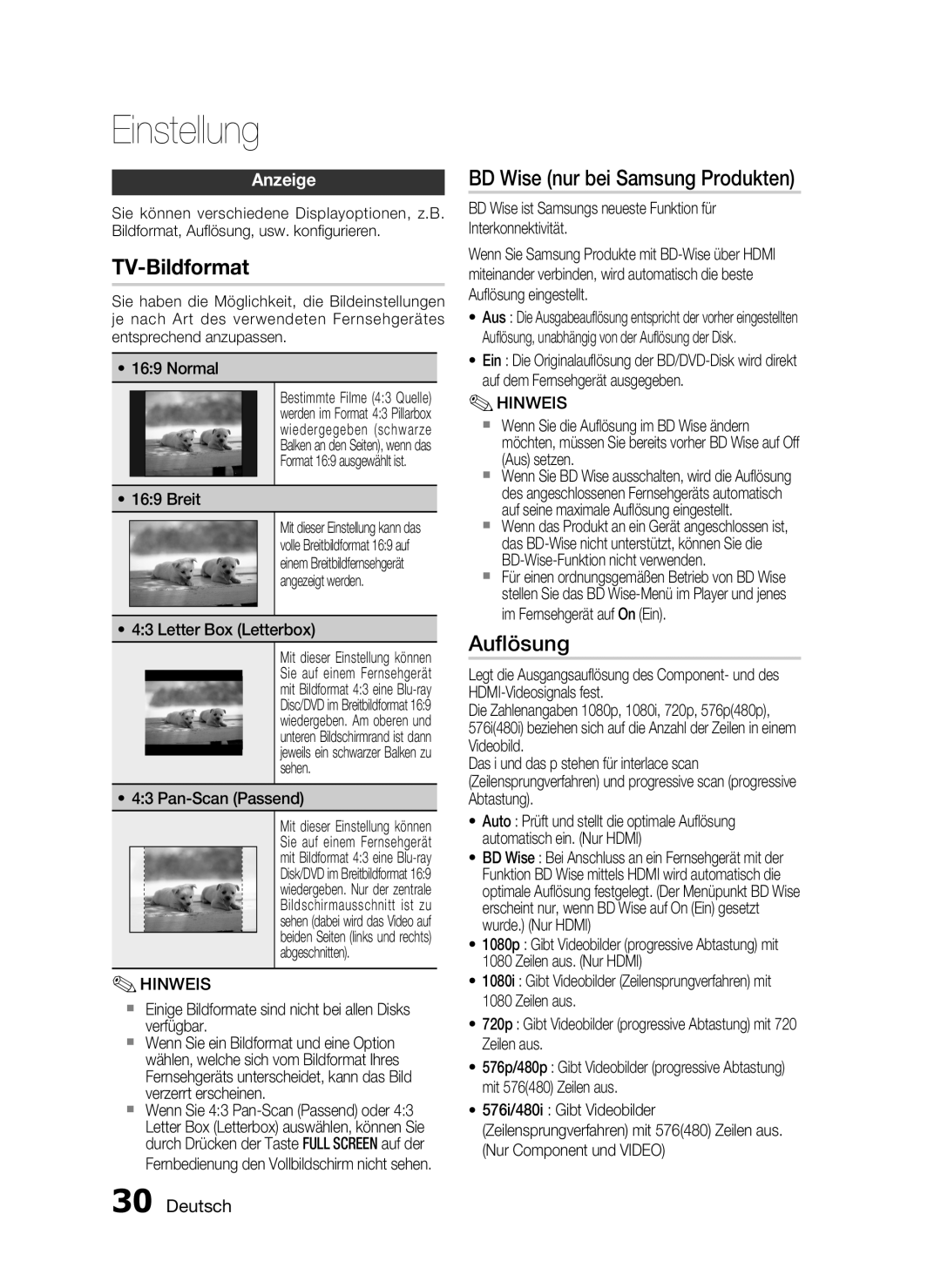 Samsung HT-C5500/XEN, HT-C5550/EDC, HT-C5500/EDC, HT-C5550/XEF manual BD Wise nur bei Samsung Produkten, Auﬂösung, Anzeige 