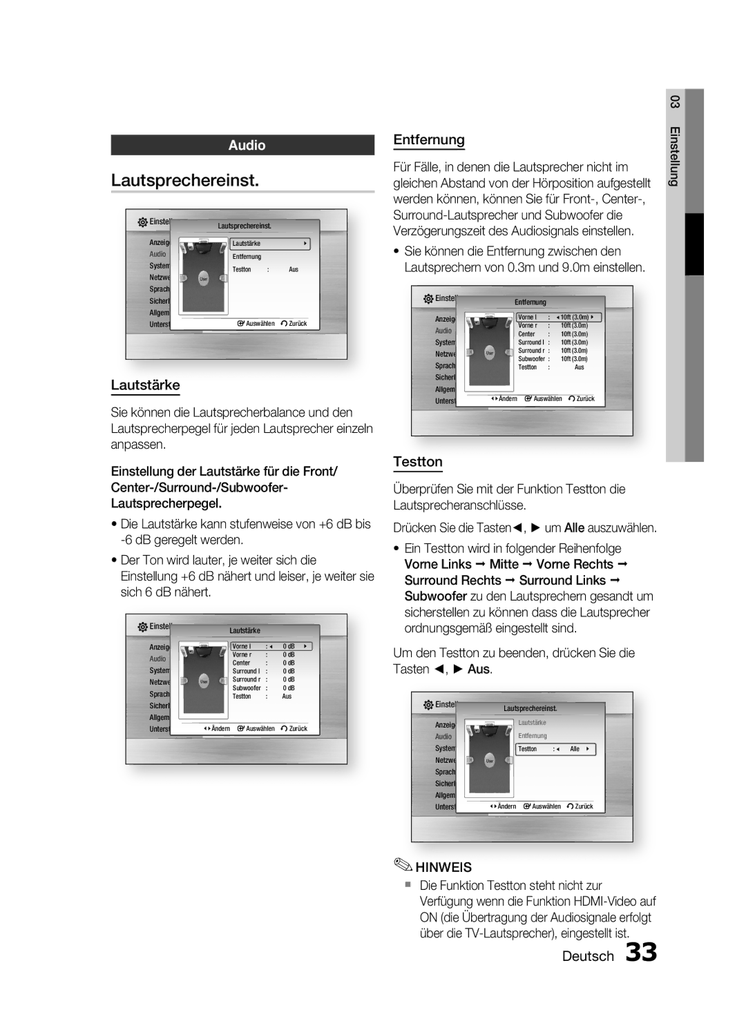 Samsung HT-C5550/XEF, HT-C5500/XEN, HT-C5550/EDC, HT-C5500/EDC Lautsprechereinst, Audio, Lautstärke, Entfernung, Testton 