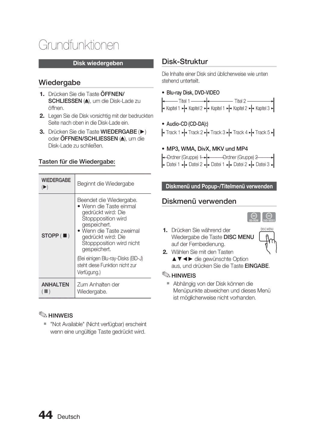 Samsung HT-C5500/XEF, HT-C5500/XEN, HT-C5550/EDC manual Grundfunktionen, Wiedergabe, Disk-Struktur, Diskmenü verwenden 