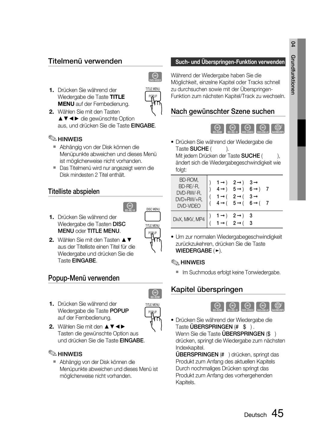 Samsung HT-C5500/XEN manual Titelmenü verwenden, Titelliste abspielen, Popup-Menü verwenden, Nach gewünschter Szene suchen 