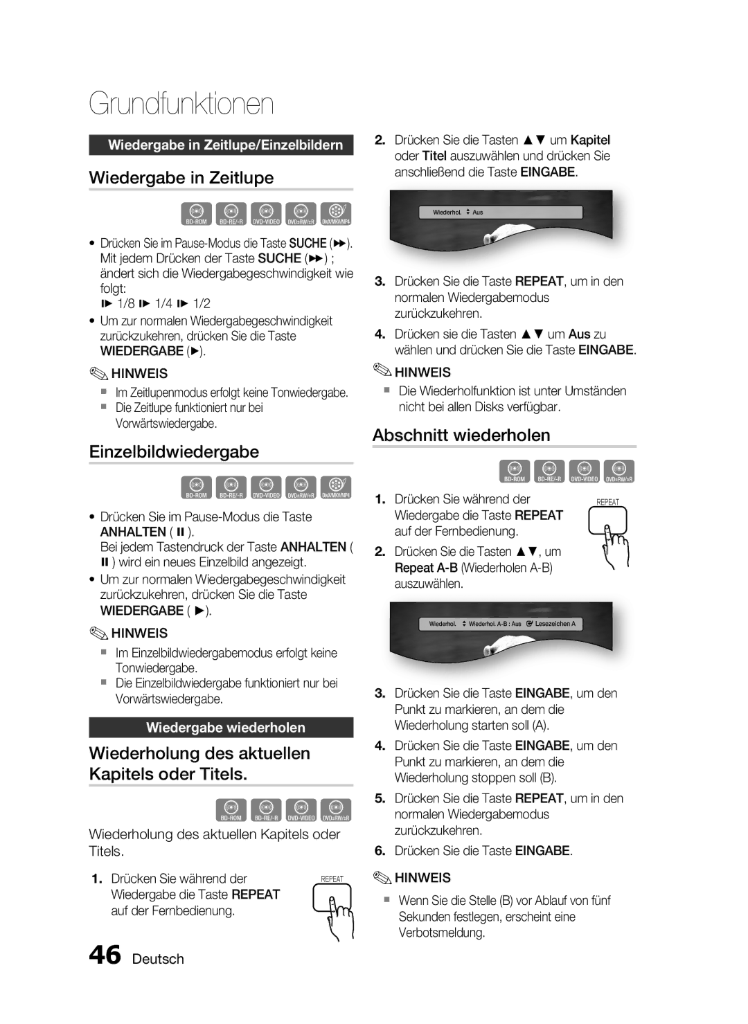 Samsung HT-C5550/EDC manual Wiedergabe in Zeitlupe, Einzelbildwiedergabe, Wiederholung des aktuellen Kapitels oder Titels 