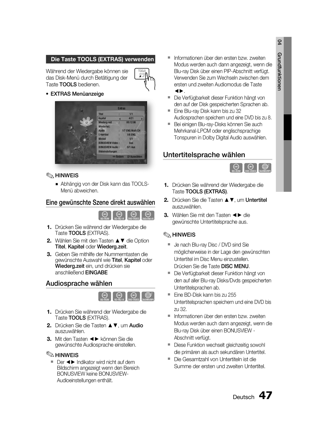 Samsung HT-C5500/EDC, HT-C5500/XEN manual Audiosprache wählen, Untertitelsprache wählen, Die Taste Tools Extras verwenden 