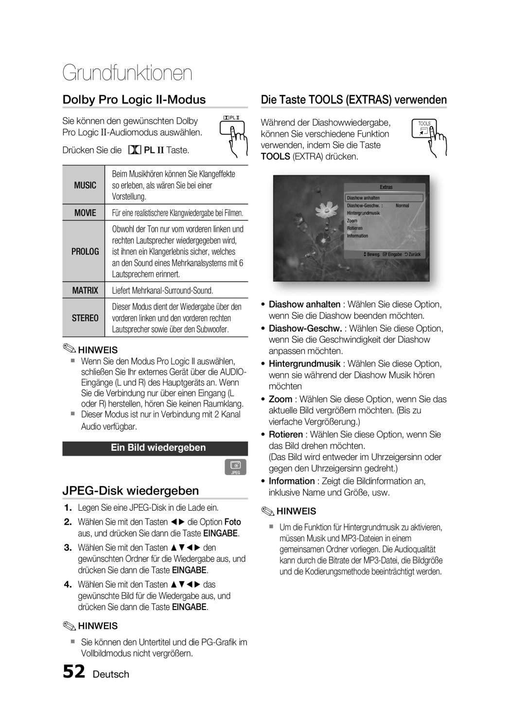 Samsung HT-C5500/EDC manual Dolby Pro Logic II-Modus, JPEG-Disk wiedergeben, Die Taste Tools Extras verwenden, Music 