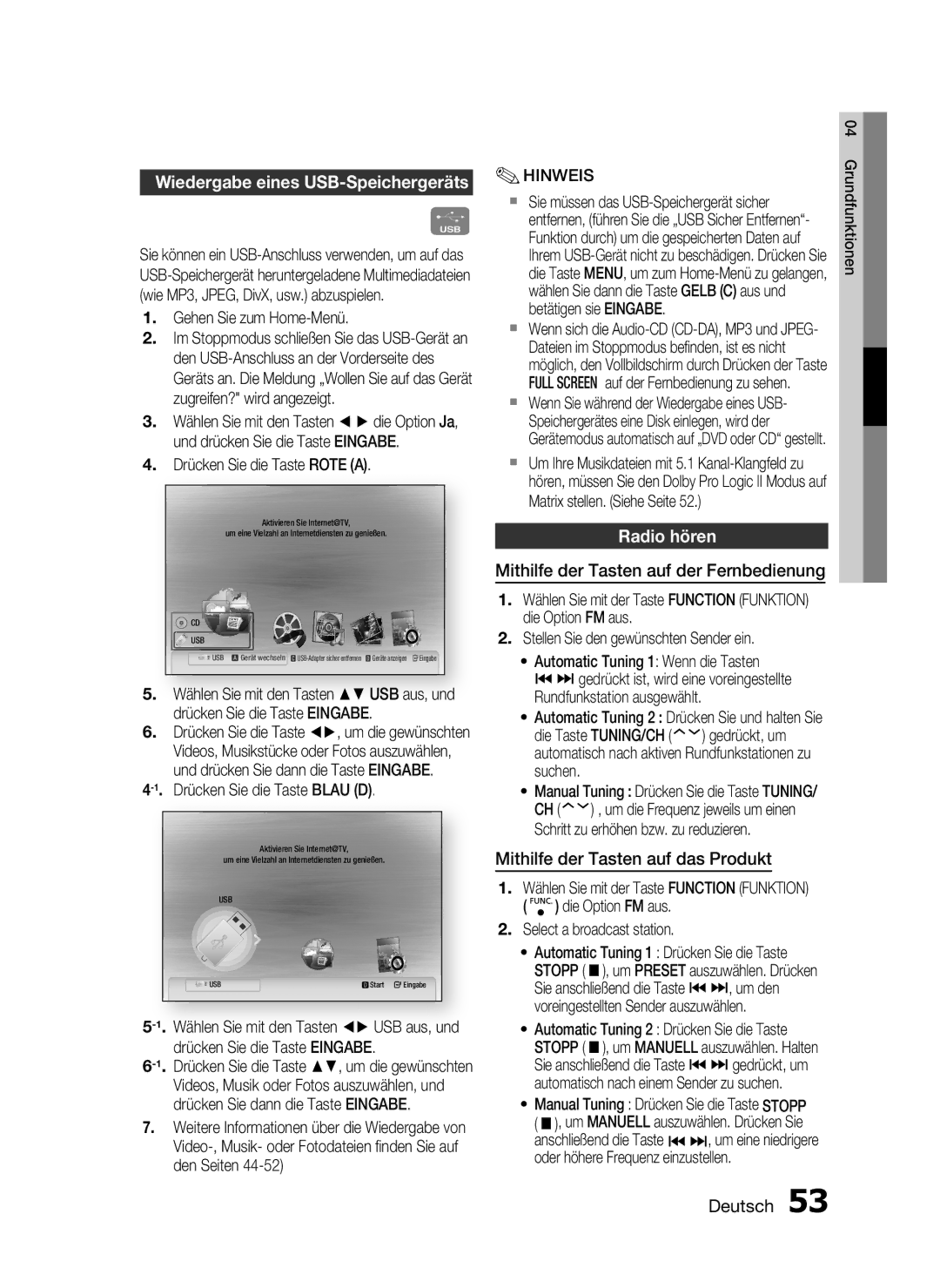 Samsung HT-C5550/XEF manual Wiedergabe eines USB-Speichergeräts, Radio hören, Mithilfe der Tasten auf der Fernbedienung 