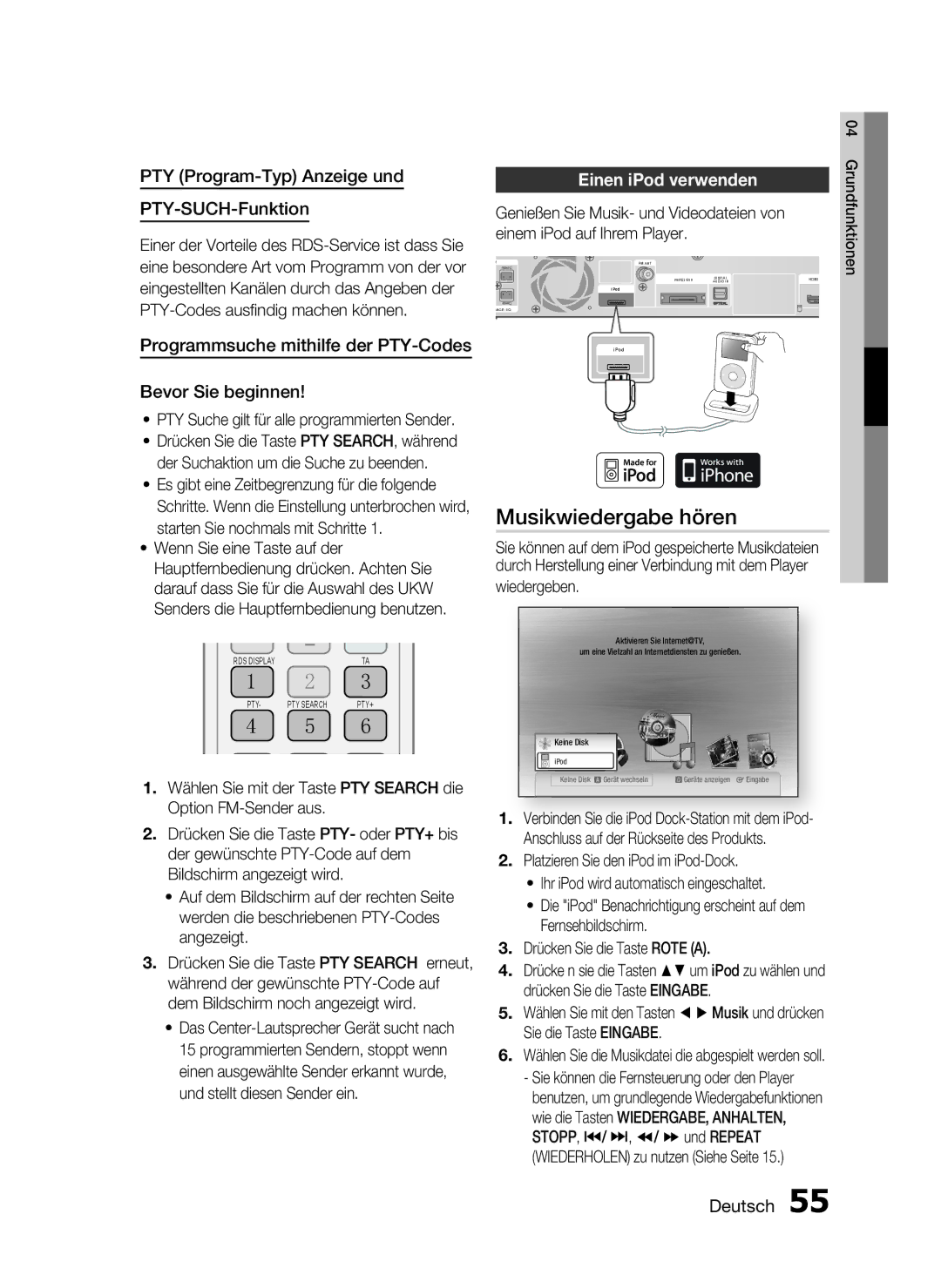 Samsung HT-C5500/XEN manual Musikwiedergabe hören, PTY Program-Typ Anzeige und PTY-SUCH-Funktion, Einen iPod verwenden 