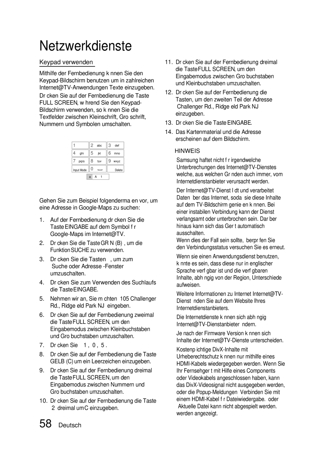 Samsung HT-C5550/XEF, HT-C5500/XEN, HT-C5550/EDC, HT-C5500/EDC, HT-C5500/XEF manual Keypad verwenden, Drücken Sie ‘1’, ‘0’, ‘5’ 