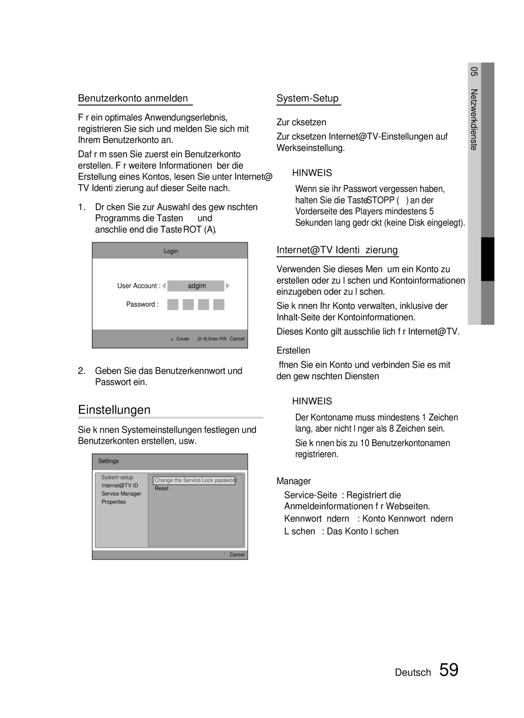 Samsung HT-C5500/XEF, HT-C5500/XEN manual Einstellungen, Benutzerkonto anmelden, System-Setup, Internet@TV Identiﬁzierung 