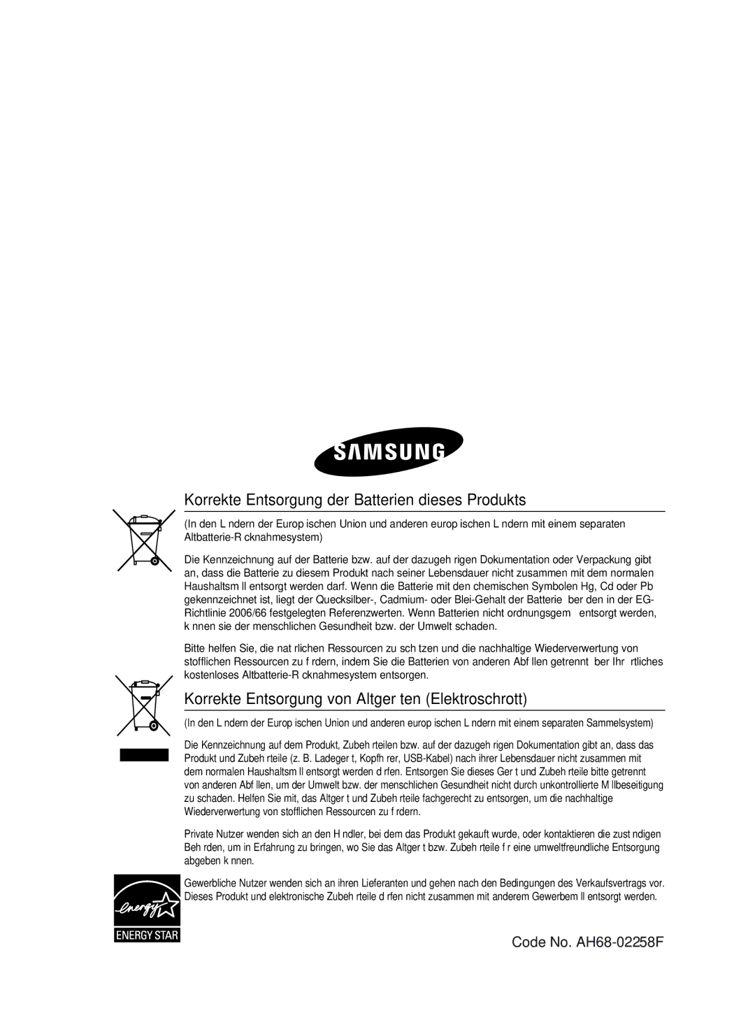 Samsung HT-C5500/XEF, HT-C5500/XEN, HT-C5550/EDC, HT-C5500/EDC manual Korrekte Entsorgung der Batterien dieses Produkts 