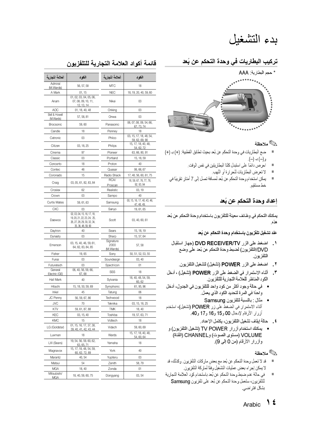 Samsung HT-C550/MEA, HT-C655W/MEA manual نويزفلتلل ةيراجتلا ةملاعلا داوكأ ةمئاق, دعبُ نع مكحتلا ةدحو يف تايراطبلا بيكرت 