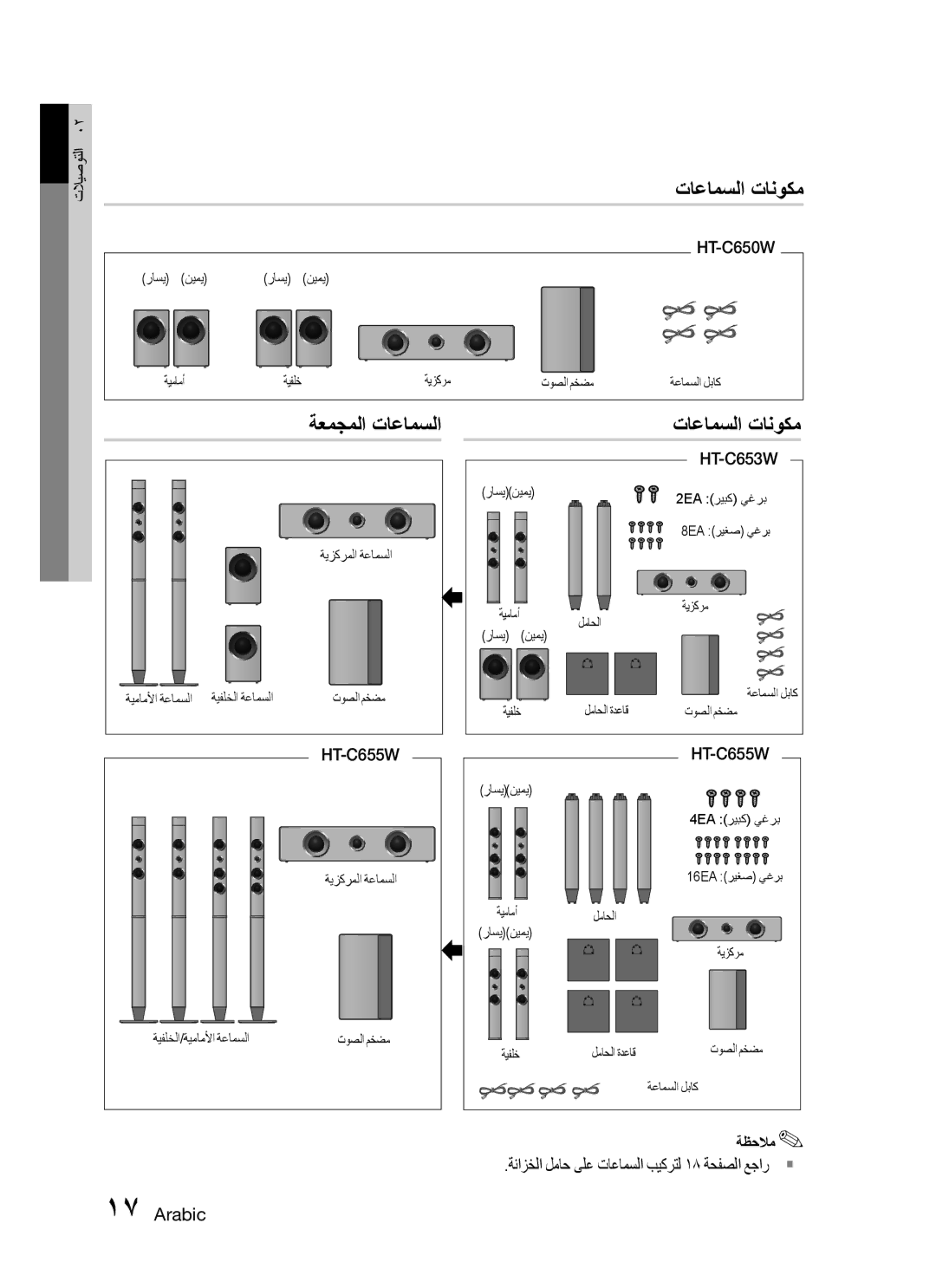 Samsung HT-C550/SAH, HT-C550/MEA, HT-C655W/MEA, HT-C555/MEA manual ةعمجملا تاعامسلا تاعامسلا تانوكم, HT-C650W, HT-C653W 