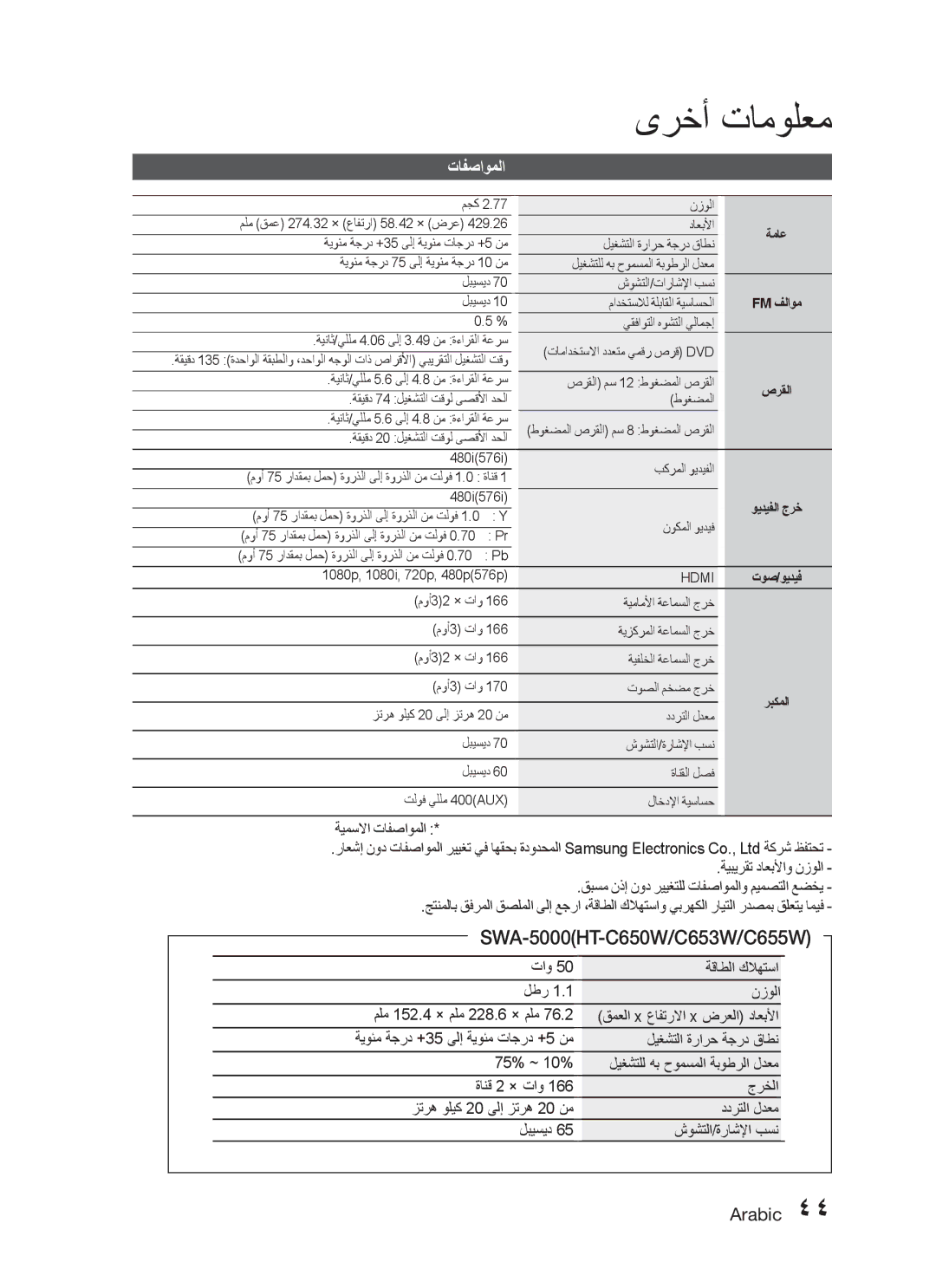 Samsung HT-C555/MEA SWA-5000HT-C650W/C653W/C655W, تافصاوملا, تاو ةقاطلا كلاهتسا لطر نزولا ملم 152.4 × ملم 228.6 × ملم 