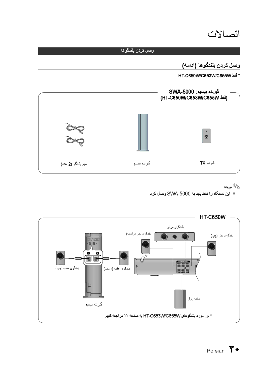 Samsung HT-C555/SAH, HT-C550/MEA, HT-C655W/MEA همادا اهوگدنلب ندرک لصو, SWA-5000 میسیب هدنریگ, HT-C650W/C653W/C655W طقف 