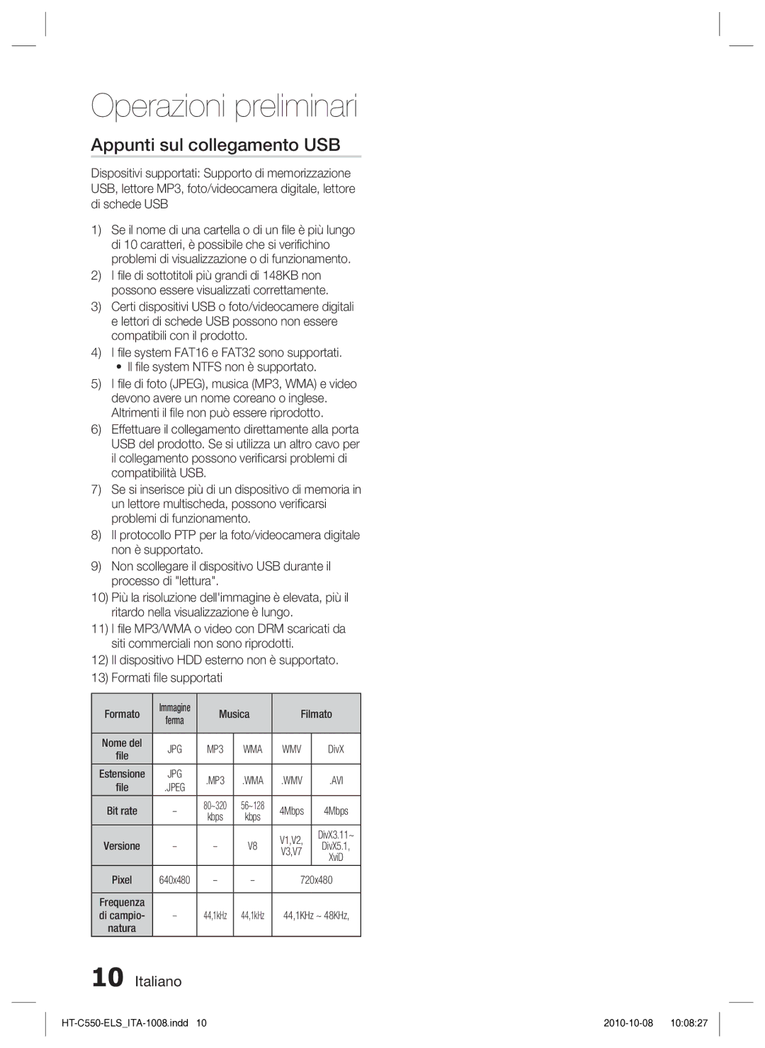 Samsung HT-C550/XEF manual Operazioni preliminari, Appunti sul collegamento USB 