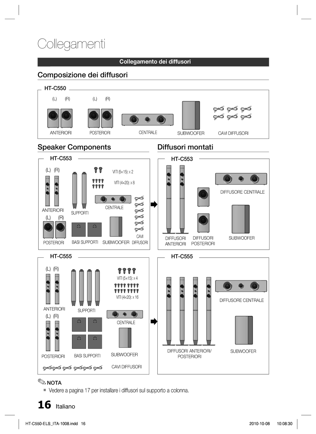 Samsung HT-C550/XEF manual Composizione dei diffusori, Speaker Components Diffusori montati, HT-C553, HT-C555 