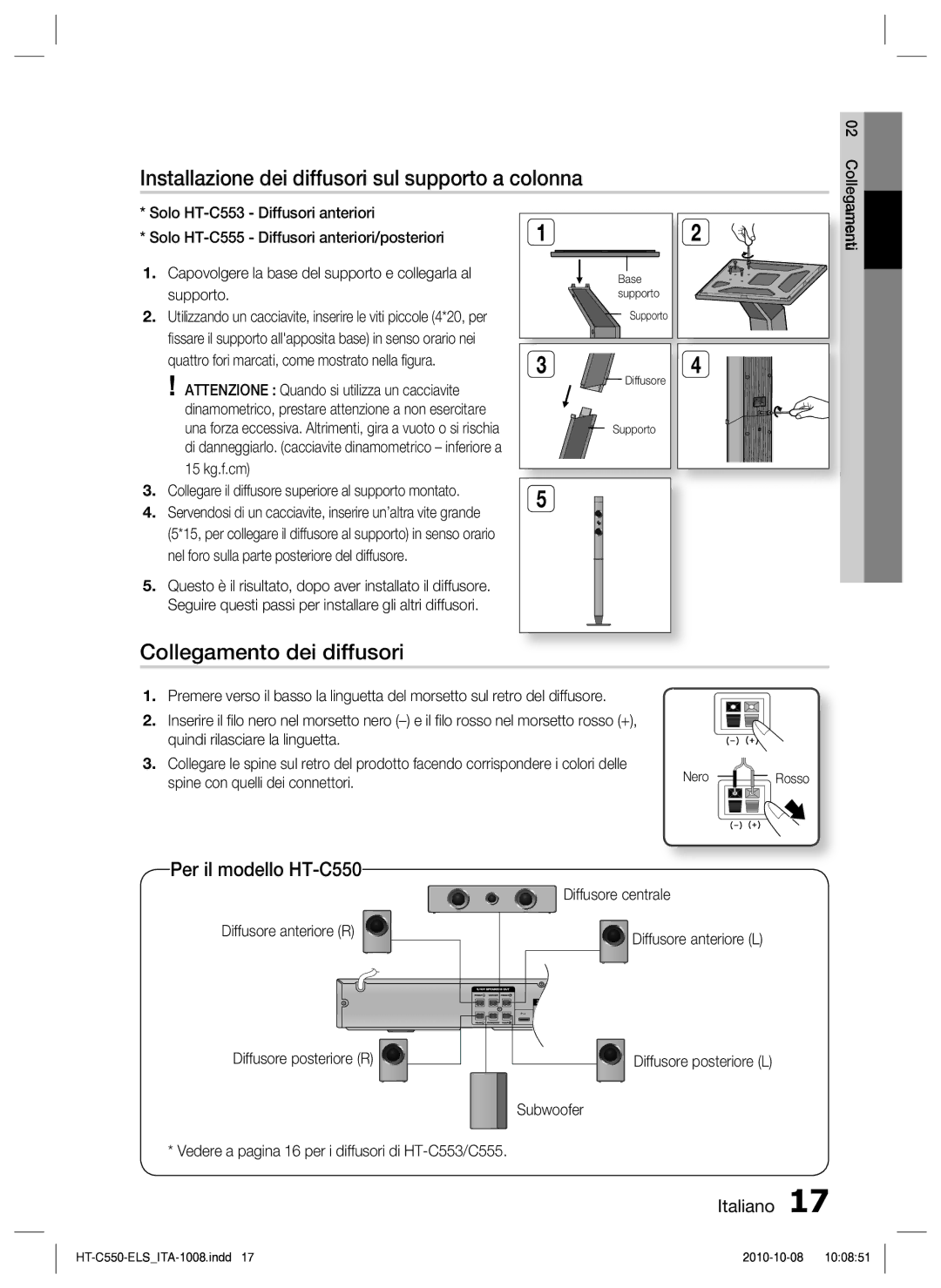 Samsung HT-C550/XEF Installazione dei diffusori sul supporto a colonna, Collegamento dei diffusori, Per il modello HT-C550 