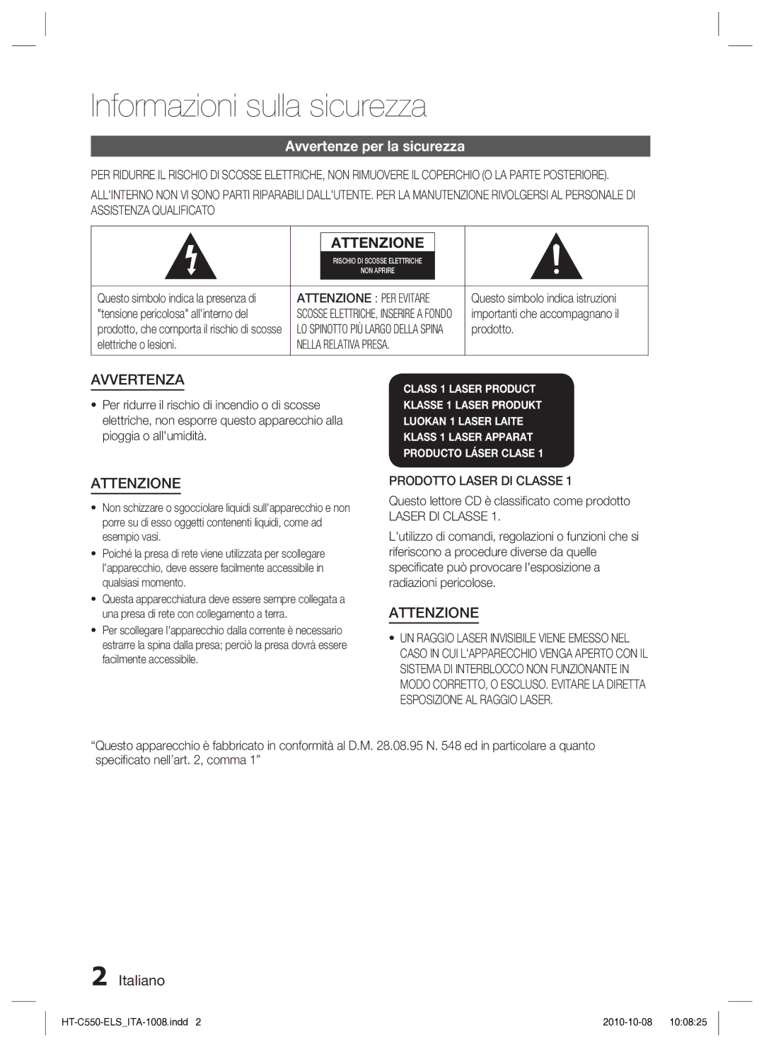 Samsung HT-C550/XEF manual Informazioni sulla sicurezza, Avvertenze per la sicurezza, Italiano 