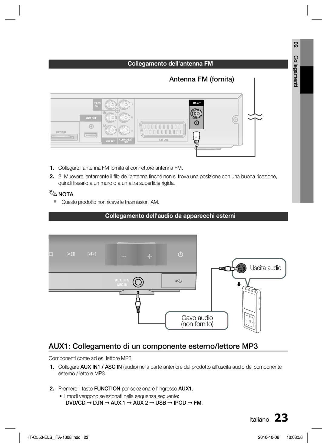 Samsung HT-C550/XEF manual AUX1 Collegamento di un componente esterno/lettore MP3, Antenna FM fornita 