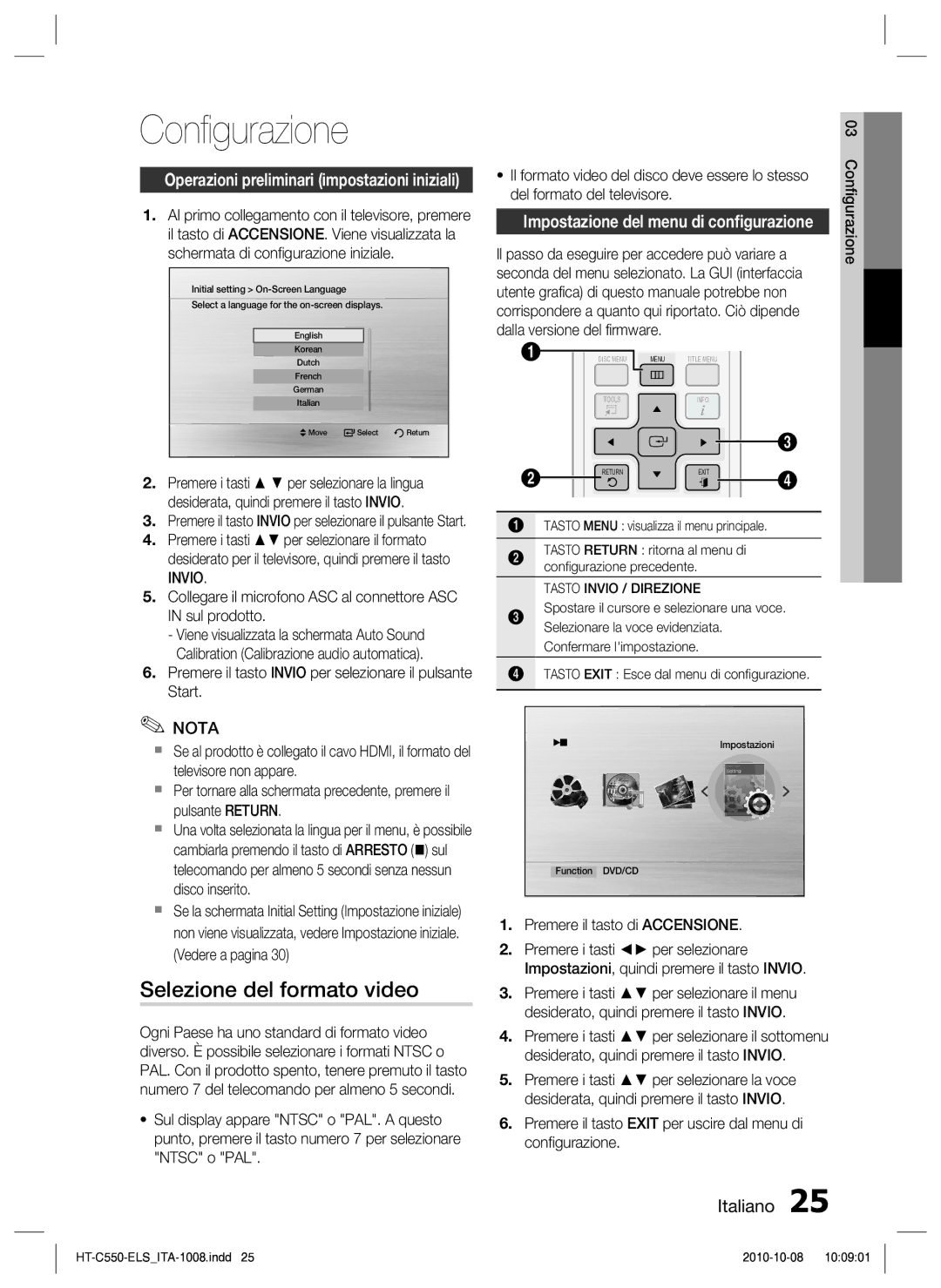 Samsung HT-C550/XEF manual Conﬁgurazione, Selezione del formato video, Impostazione del menu di conﬁgurazione, Invio 