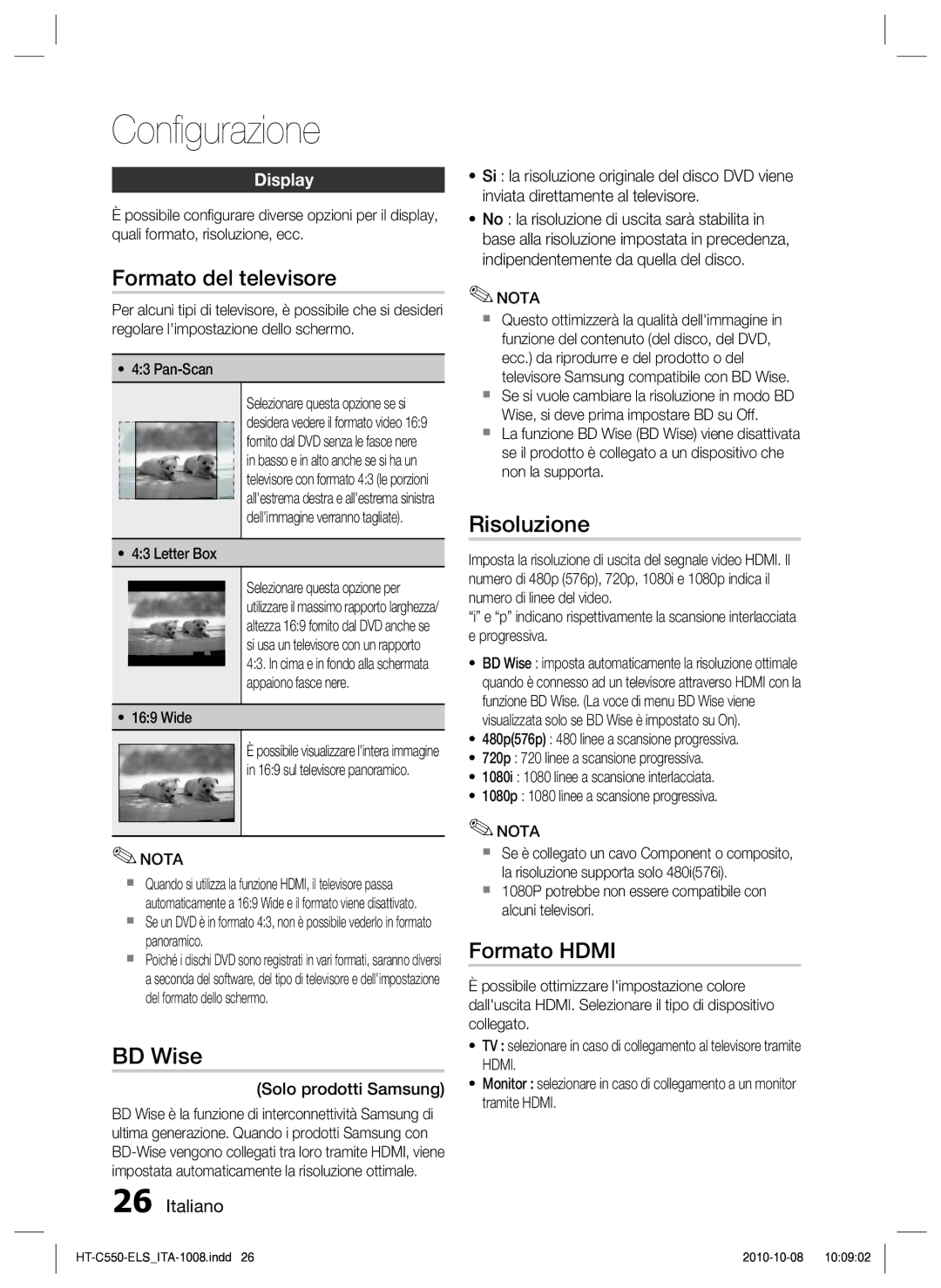 Samsung HT-C550/XEF manual Formato del televisore, BD Wise, Risoluzione, Formato Hdmi, Display 