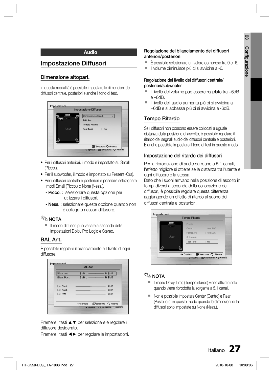 Samsung HT-C550/XEF manual Impostazione Diffusori, Audio 