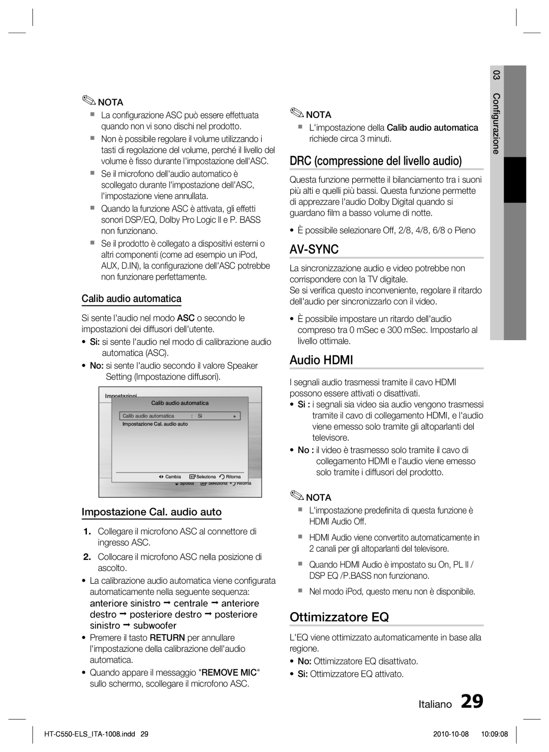 Samsung HT-C550/XEF manual Audio Hdmi, Ottimizzatore EQ, Calib audio automatica, Impostazione Cal. audio auto 