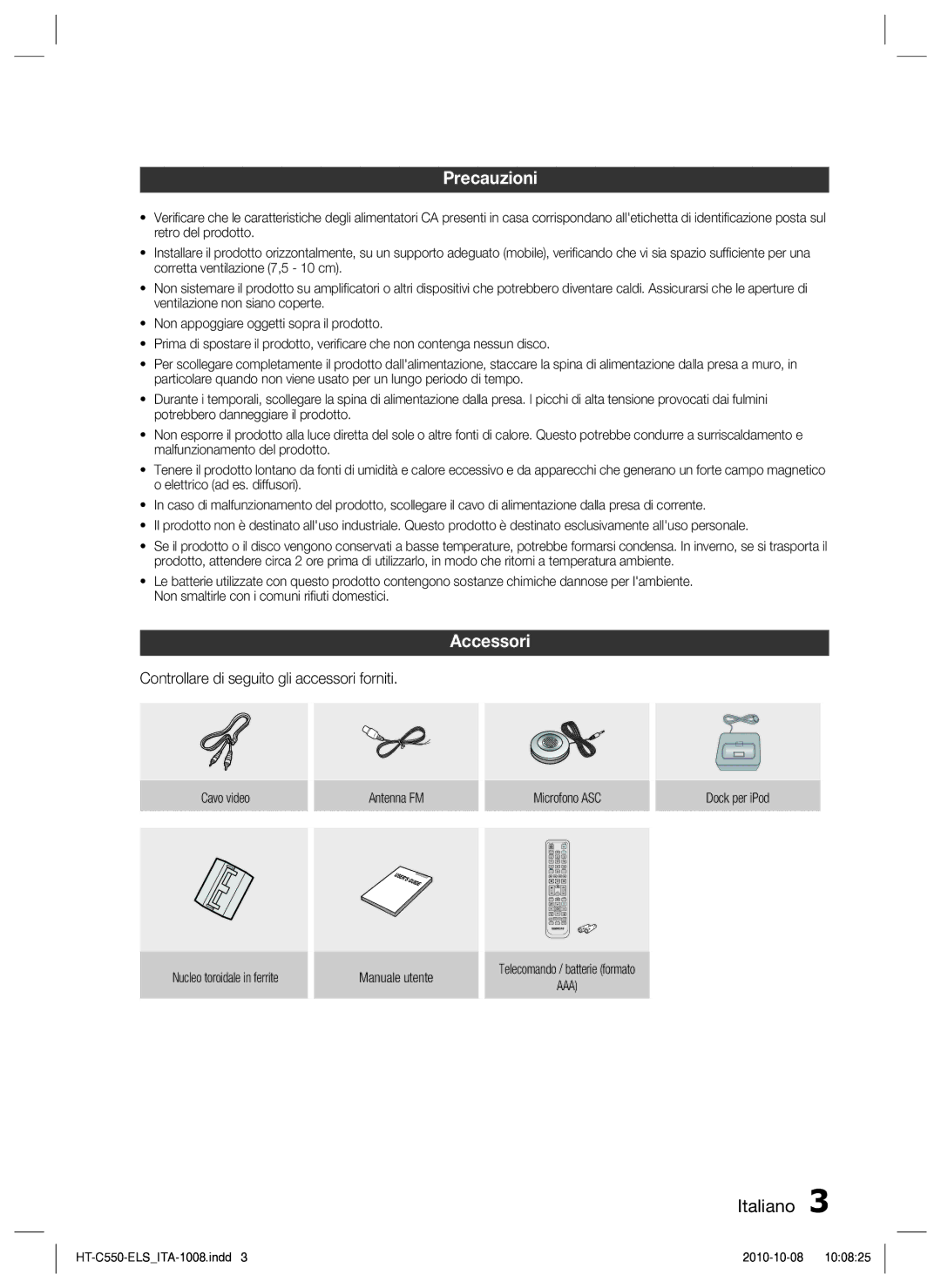 Samsung HT-C550/XEF manual Precauzioni, Accessori, Controllare di seguito gli accessori forniti 