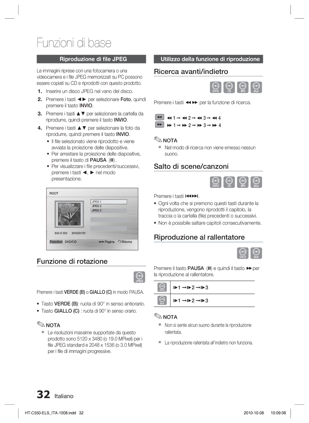 Samsung HT-C550/XEF Funzione di rotazione, Ricerca avanti/indietro, Salto di scene/canzoni, Riproduzione al rallentatore 