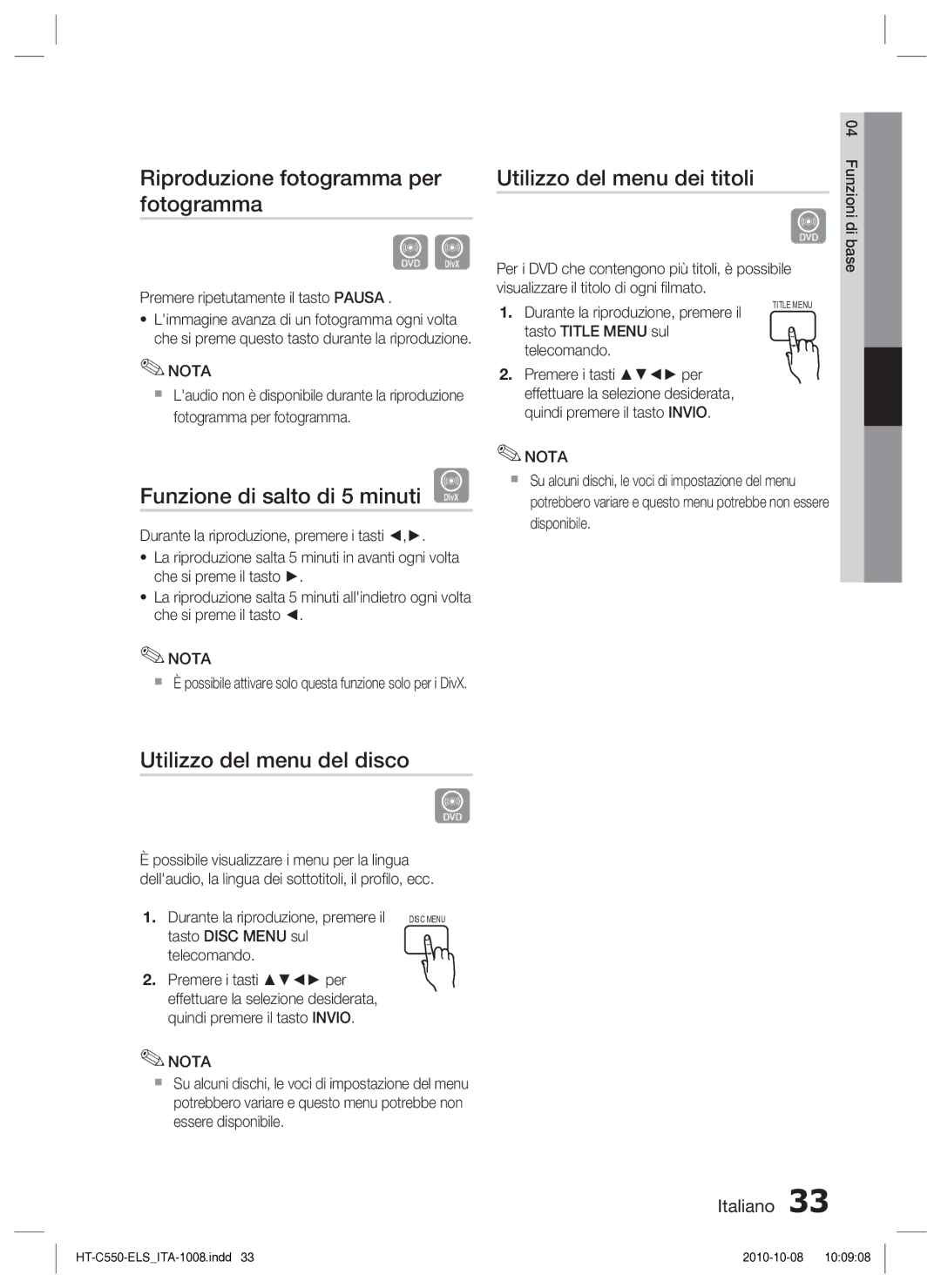 Samsung HT-C550/XEF Riproduzione fotogramma per fotogramma, Utilizzo del menu dei titoli, Funzione di salto di 5 minuti D 