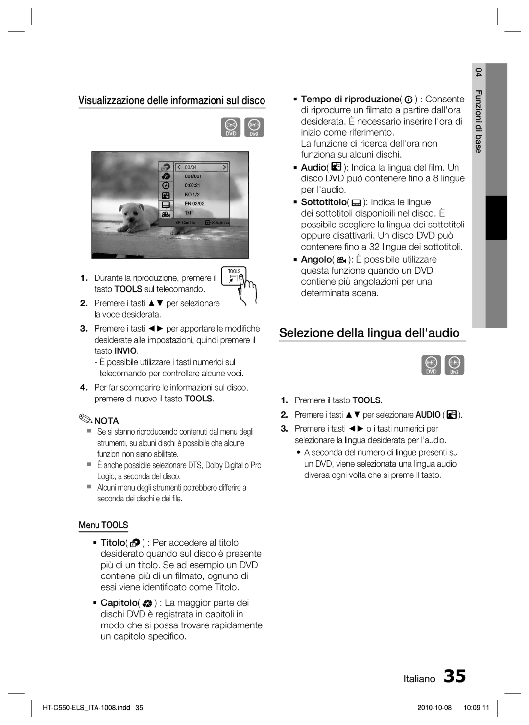 Samsung HT-C550/XEF manual Selezione della lingua dellaudio, Visualizzazione delle informazioni sul disco, Menu Tools 